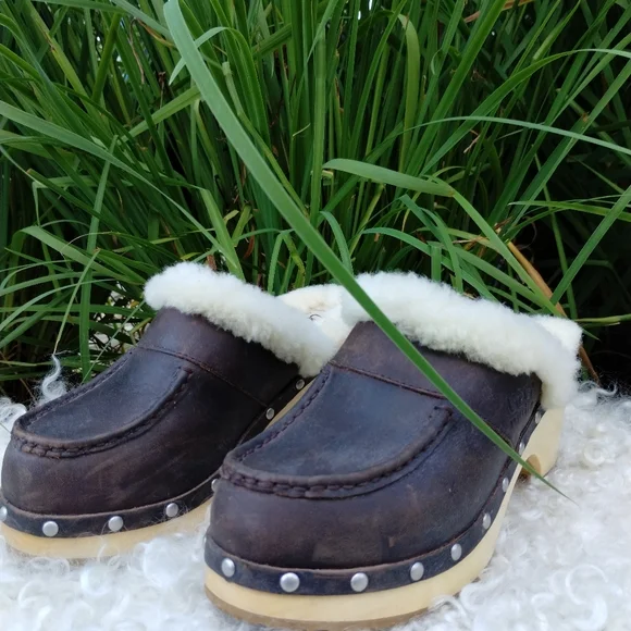 Ugg Kalie Genuine Black Leather Sheepskin Lined Wooden Clogs 7 - Picture 11 of 11
